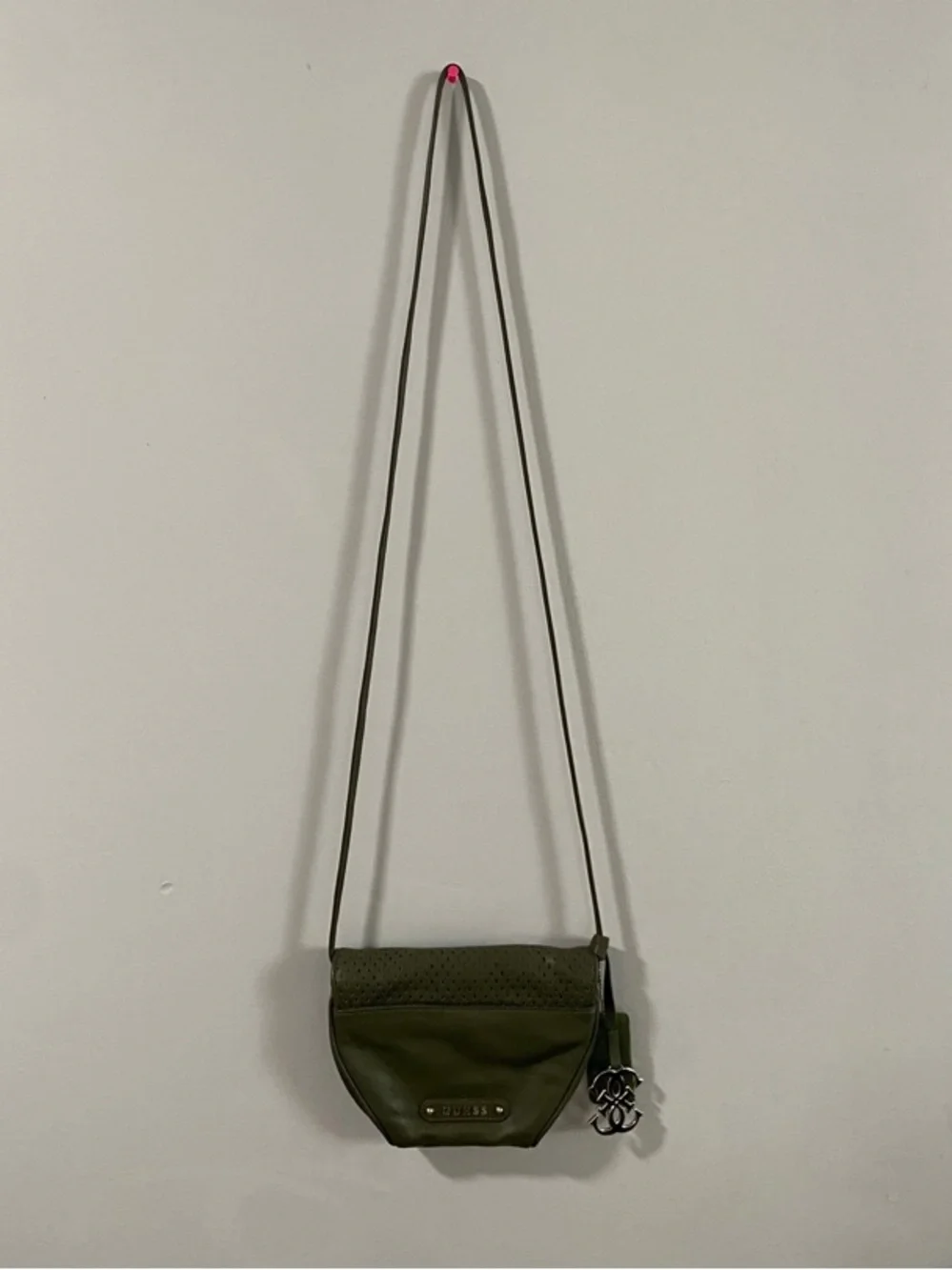 GUESS Olive Green Genuine Leather Laser-Cut Crossbody Bag with‎ Gold Hardwear